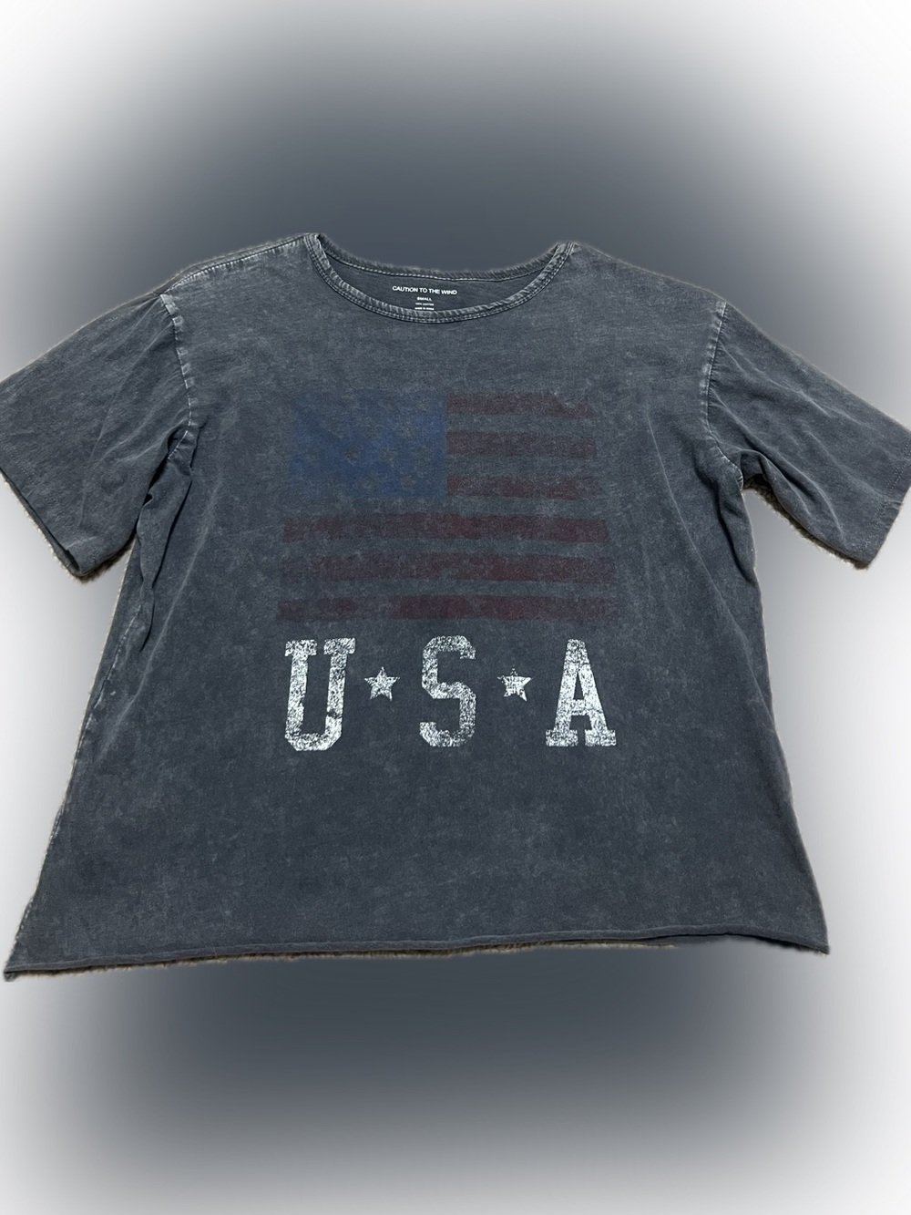 Caution To The Wind Faded Flag Tee - Charcoal Gray, Red, Blue